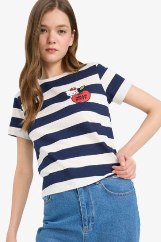 Coool Hello Kitty Çizgili Bisiklet Yaka Kısa Kollu Tişört