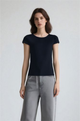 Kadın Lacivert Coool Fıtted Basıc Ribana Tişört
