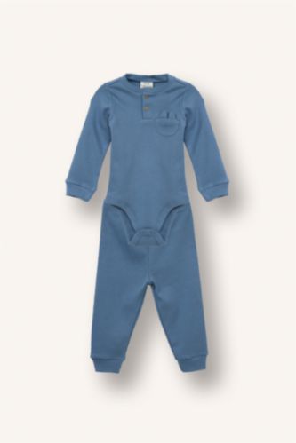 Erkek Bebek Mavi 2'li Takım Fitilli Kaşkorse Uzun Kollu Tişört Eşofman Altı Erkek Bebek