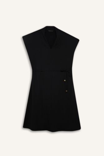 Regular Fit V Yaka Kolsuz Siyah Midi Elbise