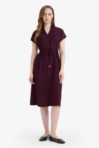 Женщины Бордовый Платье с коротким рукавом стандартного кроя с V-образным вырезом