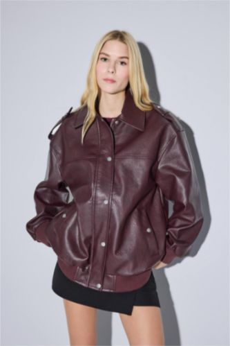 Dad Fit Zippered Polo Collar Faux Leather Jacket