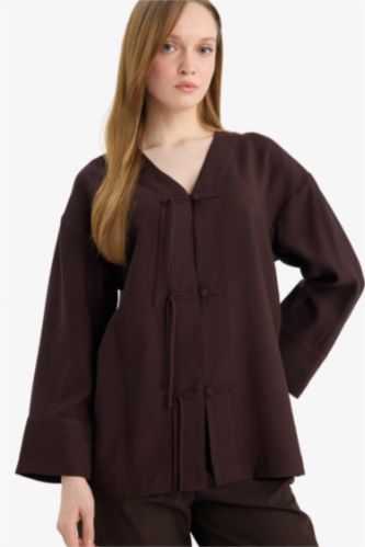 FEMME Marron Tunique À Manches Longues Lin Mélangé Coupe décontractée