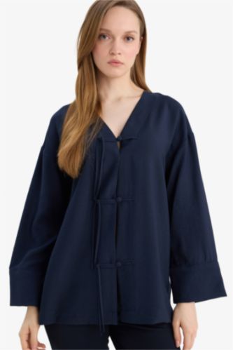 FEMME Marin Tunique À Manches Longues Lin Mélangé Coupe décontractée