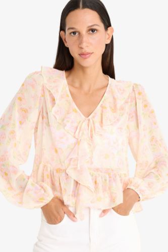 Regular Fit Floral Şifon Uzun Kollu Bluz