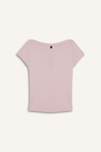 Slim Fit Dar Kesim Kayık Yaka Fitilli Kaşkorse Kısa Kollu Tişört