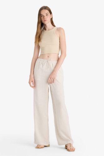 Wide Leg Cepli Yüksek Bel Standart Boy Keten Karışımlı Pantolon