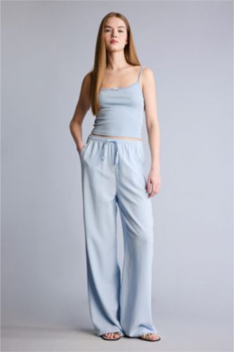 Kadın Açık Mavi Wıde Leg Yüksek Bel Keten Karışımlı Pantolon