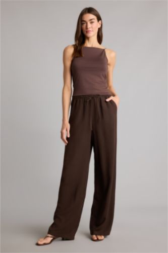 Kadın Açık Kahve Wıde Leg Cepli Yüksek Bel Standart Boy Keten Karışımlı Pantolon