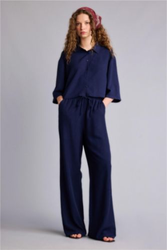 Kadın Lacivert Wıde Leg Cepli Yüksek Bel Standart Boy Keten Karışımlı Pantolon