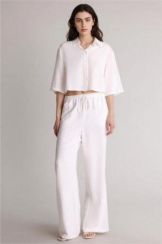 WOMAN White High Waist Linen Blend Wide Leg Trousers