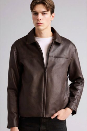 Erkek Kahve Regular Fıt Gömlek Yaka Mont