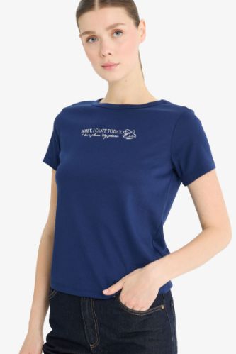 Regular Fit Bisiklet Yaka Slogan Baskılı Ribana Kısa Kollu Tişört