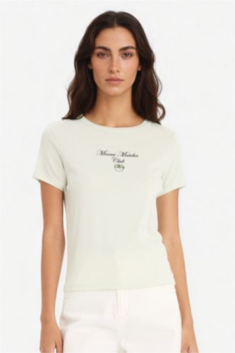 Woman Aqua Regular Fit Crew Neck Slogan Printed Ribbon T-Shirt