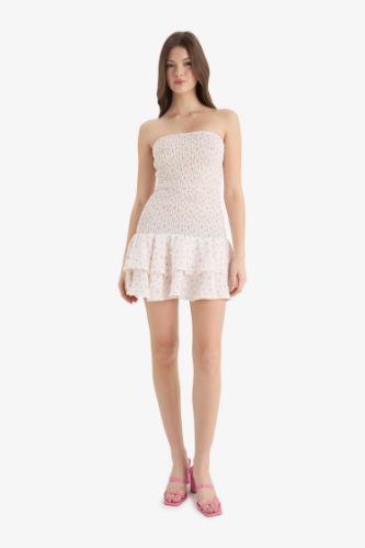 Fitted Straplez Floral Kolsuz Mini Elbise