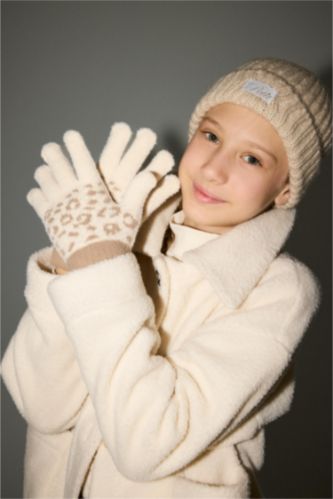 Kız Çocuk - Genç Kız Açık Bej Melanj Kız Çocuk Leopar Desenli Triko Eldiven