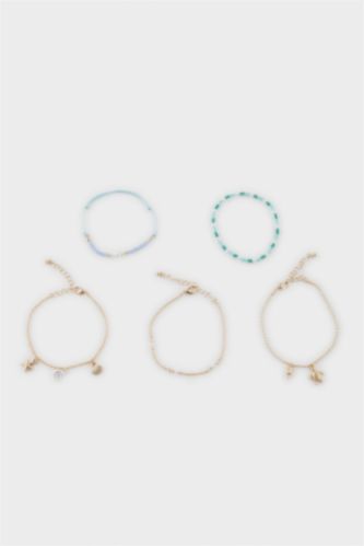 Woman 5 Piece Blue Beaded Gold Bracelet