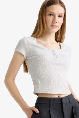 Coool Fitted Yuvarlak Yaka Fitilli Kaşkorse Kısa Kollu Tişört