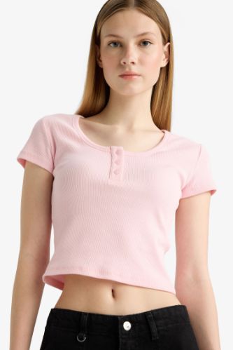 Coool Fitted Yuvarlak Yaka Crop Fitilli Kaşkorse Kısa Kollu Tişört