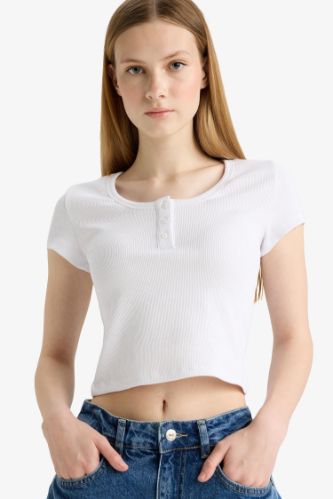 Coool Fitted Yuvarlak Yaka Fitilli Kaşkorse Kısa Kollu Beyaz Tişört