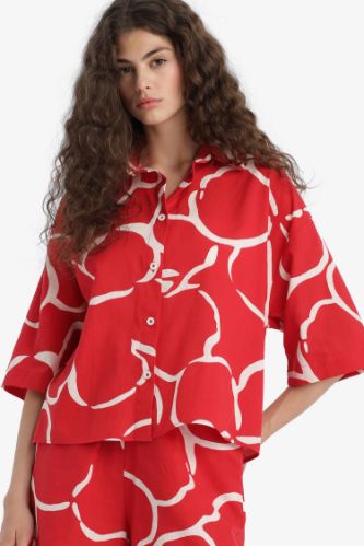 Oversize Geniş Kalıp Desenli Yarım Kollu Gömlek