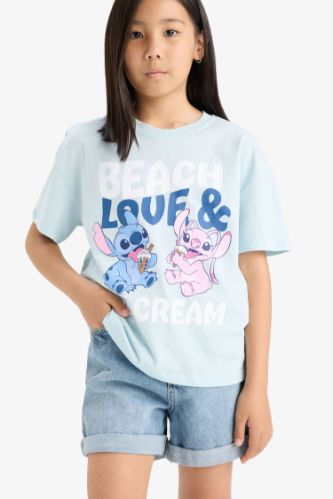 Kız Çocuk Disney Lilo & Stitch Relax Fit Bisiklet Yaka Kısa Kollu Tişört