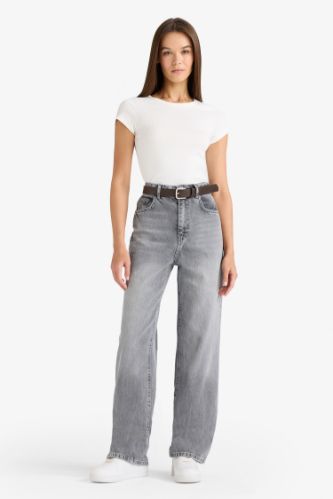 90's Wide Leg Yüksek Bel Uzun Jean Yıkamalı Pantolon