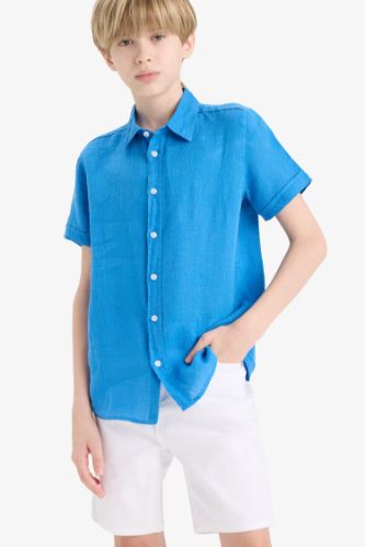 Erkek Çocuk Babalar Günü Regular Fit Polo Yaka Keten Kısa Kollu Gömlek