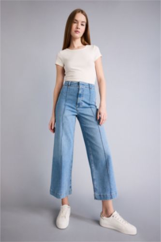 FEMME Indigo Clair Pantalon Jean coupe culotte taille haute à effet délavé