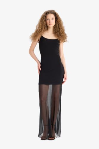 Coool Bodycon Vücudu Saran Kare Yaka Askılı Tül Maxi Elbise