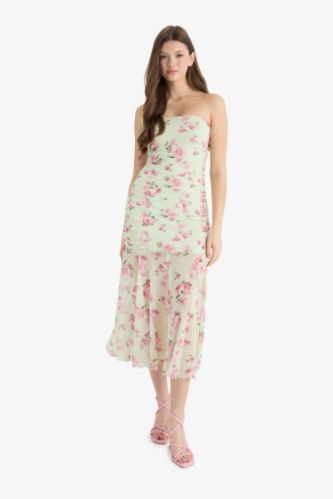 Coool Bodycon Vücudu Saran Straplez Floral Tül Kolsuz Maxi Elbise