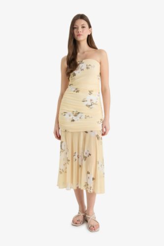 Coool Bodycon Vücudu Saran Straplez Floral Tül Kolsuz Maxi Elbise