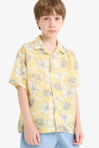 Erkek Çocuk Oversize Geniş Kalıp Polo Yaka Desenli Viskon Kısa Kollu Gömlek