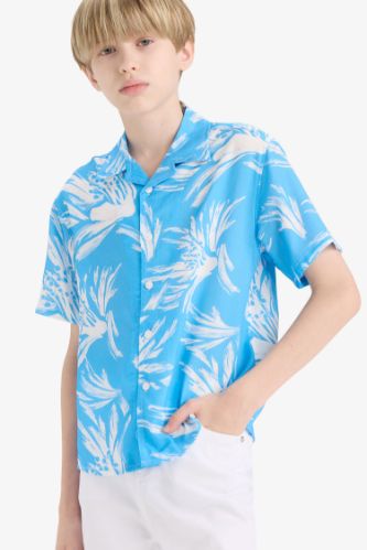 Erkek Çocuk Oversize Geniş Kalıp Polo Yaka Desenli Viskon Kısa Kollu Gömlek