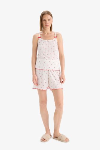Regular Fit Pijama Takımı Desenli Askılı Pijama Üstü Esnek Belli Şort Pijama Altı-Fall in Love