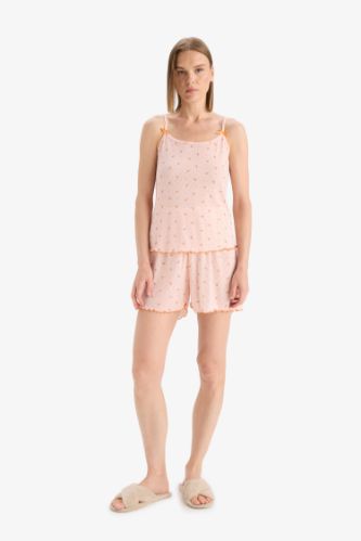Regular Fit Pijama Takımı Desenli Askılı Pijama Üstü Esnek Belli Şort Pijama Altı-Fall in Love