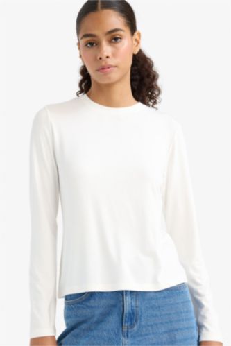 نساء أبيض تيشيرت ردن طويل سليم فيت قصة ضيقة وياخة مستديرة