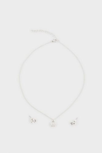 Kadın Çiçekli Silver Kolye Küpe Seti