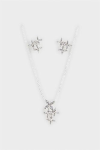 Kadın Taşlı Çiçekli Silver Kolye Küpe Seti