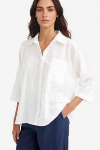 نساء بيج فاتح قميص نص ردن قطن اوفر سايز قصة واسعة