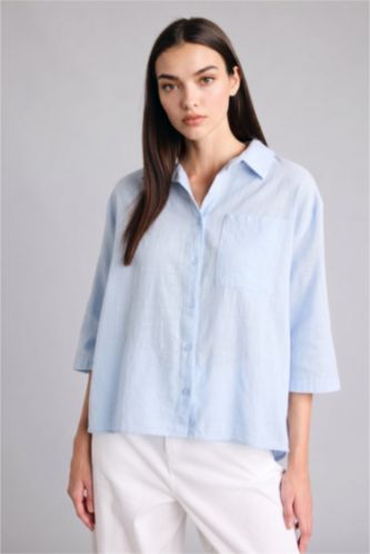Woman Light Blue Oversize Fit Cotton Short Sleeve Shirt