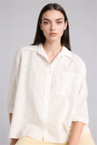 Kadın Kırık Beyaz Oversize Kısa kollu Pamuklu Gömlek