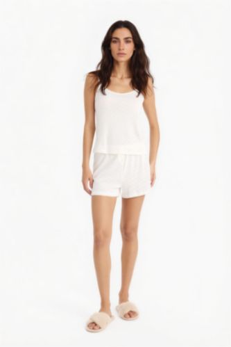 Kadın Ekru Regular Fit Pijama Takımı Askılı Üst Beli Lastikli Şort Alt