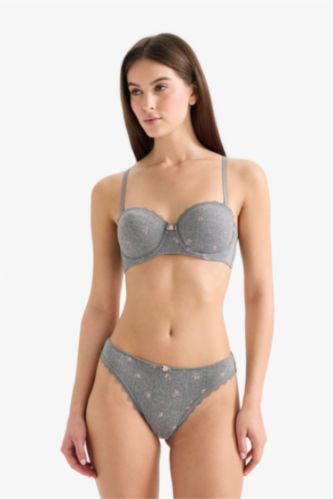 WOMAN Grey Melange Floral Lace Detail Brazilian Panty