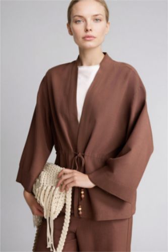 Kadın Kahve Relaxed Fit Keten Gömlek