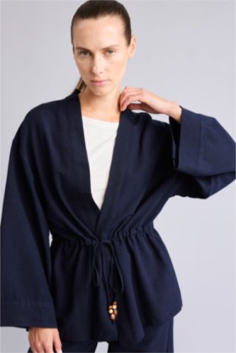 Women NAVY Relax Fit Linen Blended Long Sleeve Shirt