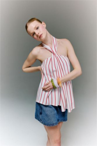 Kadın Kırmızı Regular Fit Kolsuz Çizgili Bluz