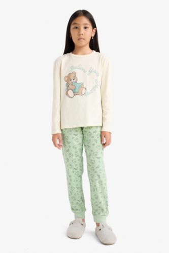 Kız Çocuk Pijama Takımı Baskılı Uzun Kollu Üst Desenli Uzun Alt