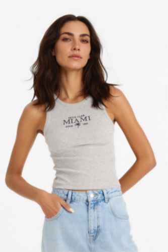 نساء ميلانج رمادي ديباردور مضلع سليم فيت برقبة هالتر بطبعة شعار