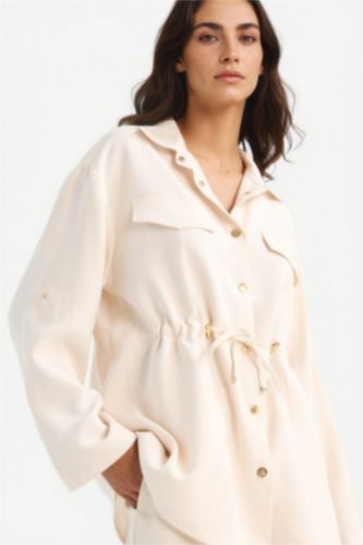 Woman Beige Regular Fit Elastic Waist Tencel Thin Jacket